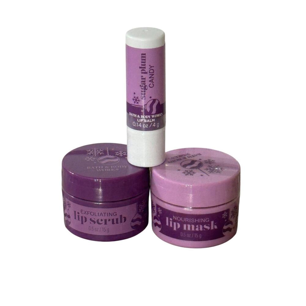 Bath & Body Works Sugar Plum Candy Nourishing Lip Mask Scrub Lip Balm 3 Piece
